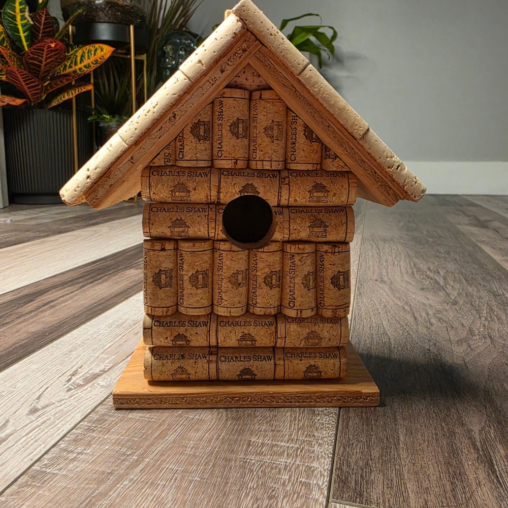 Handmade Wine Cork Birdhouse Charles Shaw Wood Tan Rustic Garden Decor Gift Boho